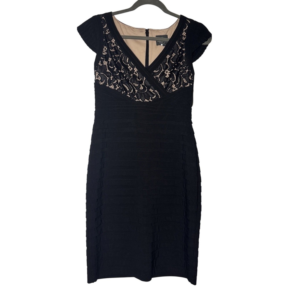 Adrianna Papell Sheath Dress Women's Black Excellent Lace Tiered Bandage 4P